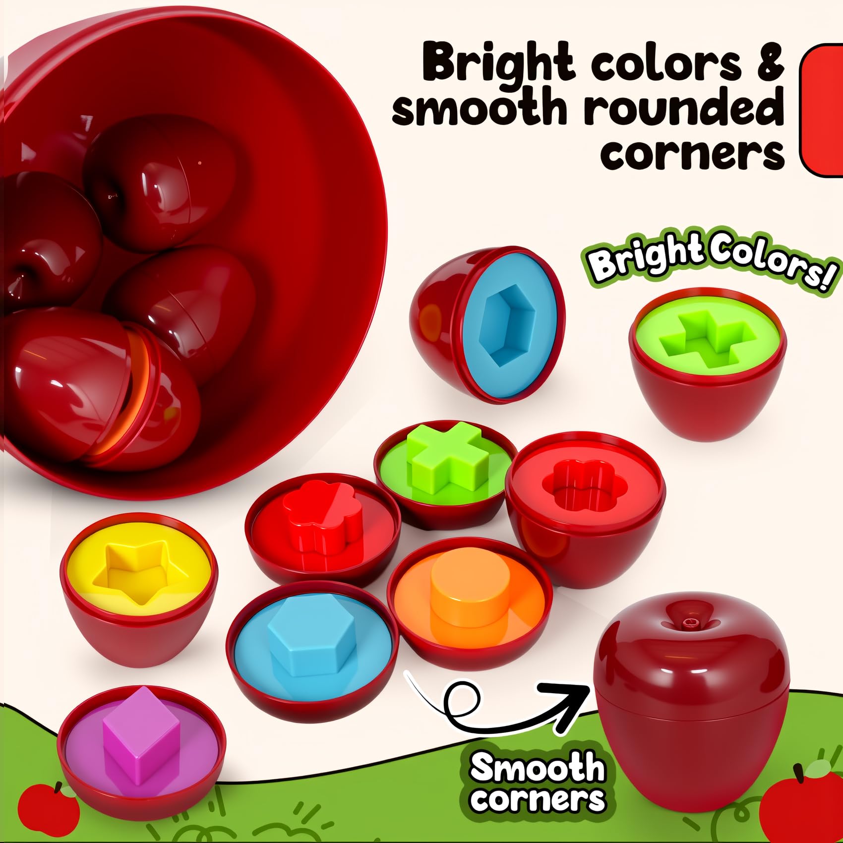 Montessori - Juguetes geométricos clasificadores de formas de manzana para niños pequeños de 1 a 3 años, educación preescolar Montessori, aprendizaje de clasificación de colores, juegos a 3