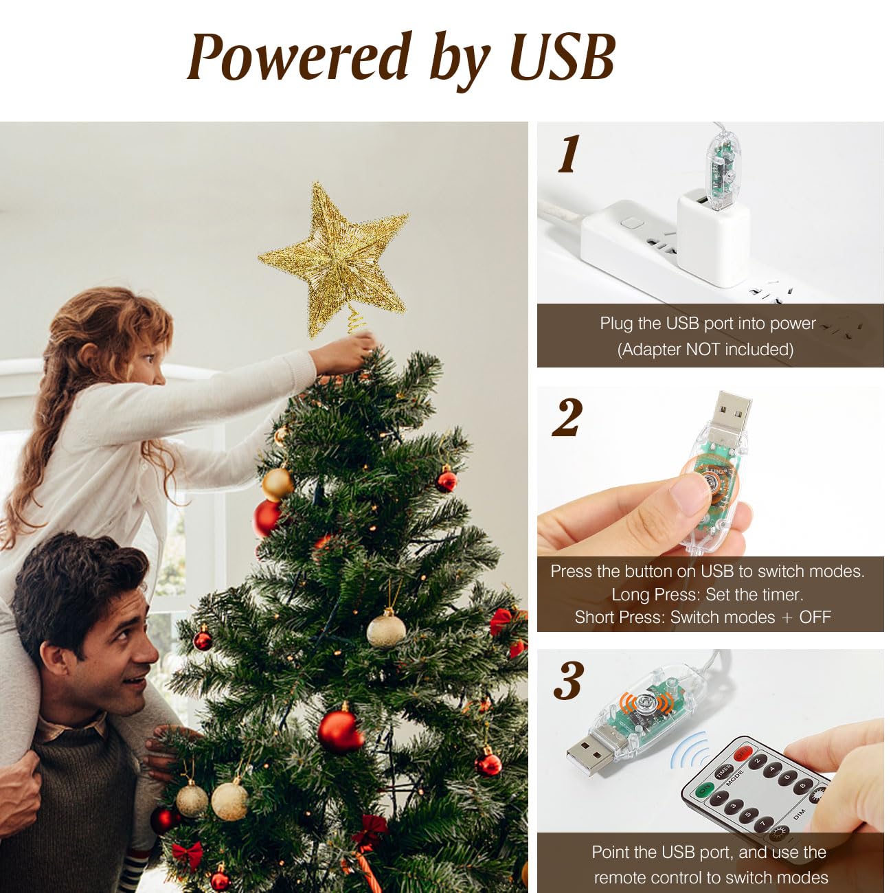 Lewondr Estrella de Cinco Puntas para Árbol de Navidad, Adorno de Árbol de Estrella Brillantes, USB con Mando a Distancia Ornamento Colgantes con Luces Led Decorativo Hogar Jardín, Oro
