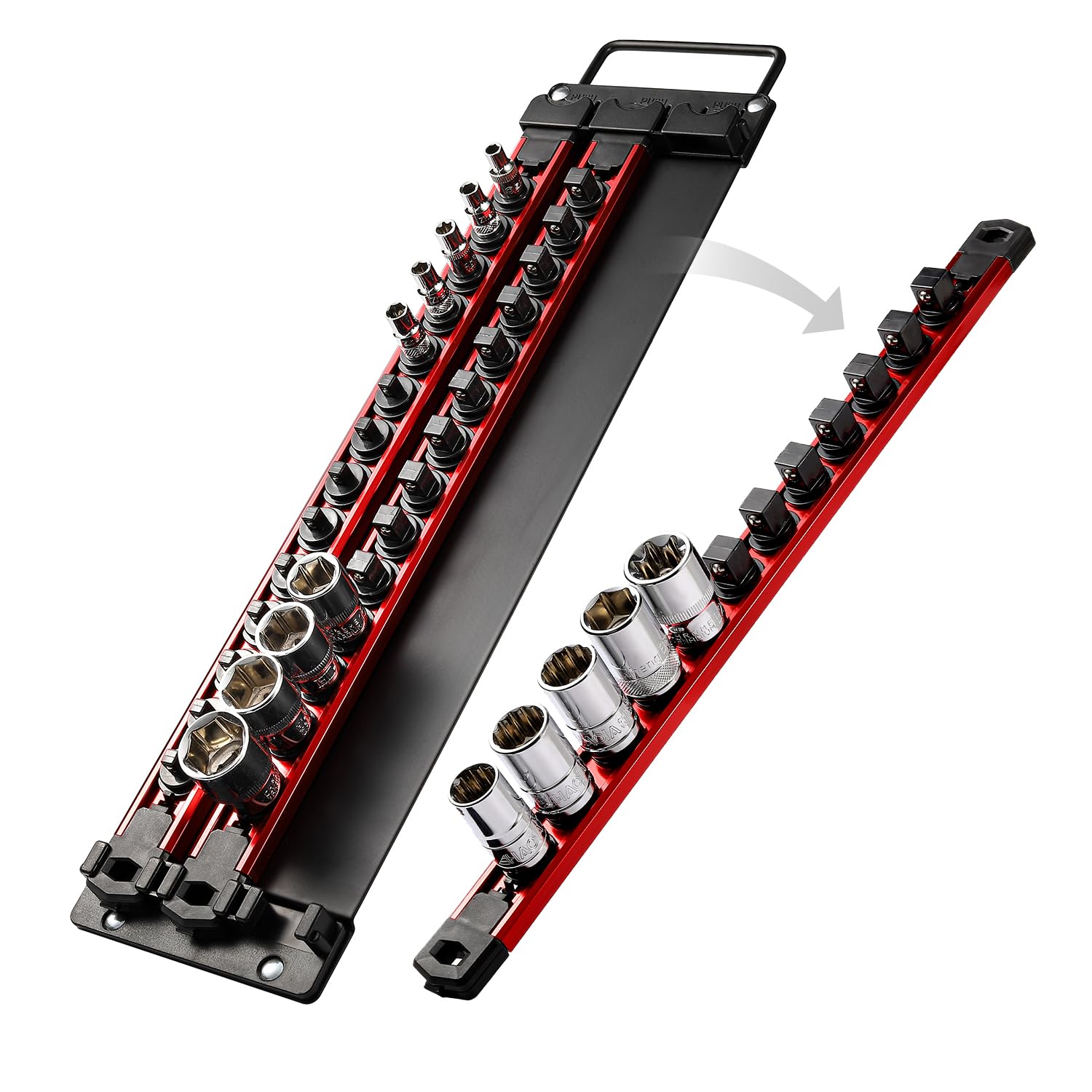 Reniteco Portable Socket Organizer Steel Tray with Handle – Heavy Duty Aluminum Socket Rails Organizer, Socket Holder for Tool Box - 1/2, 3/8, 1/4-Inch Socket Holder x 40 Clips (Red)