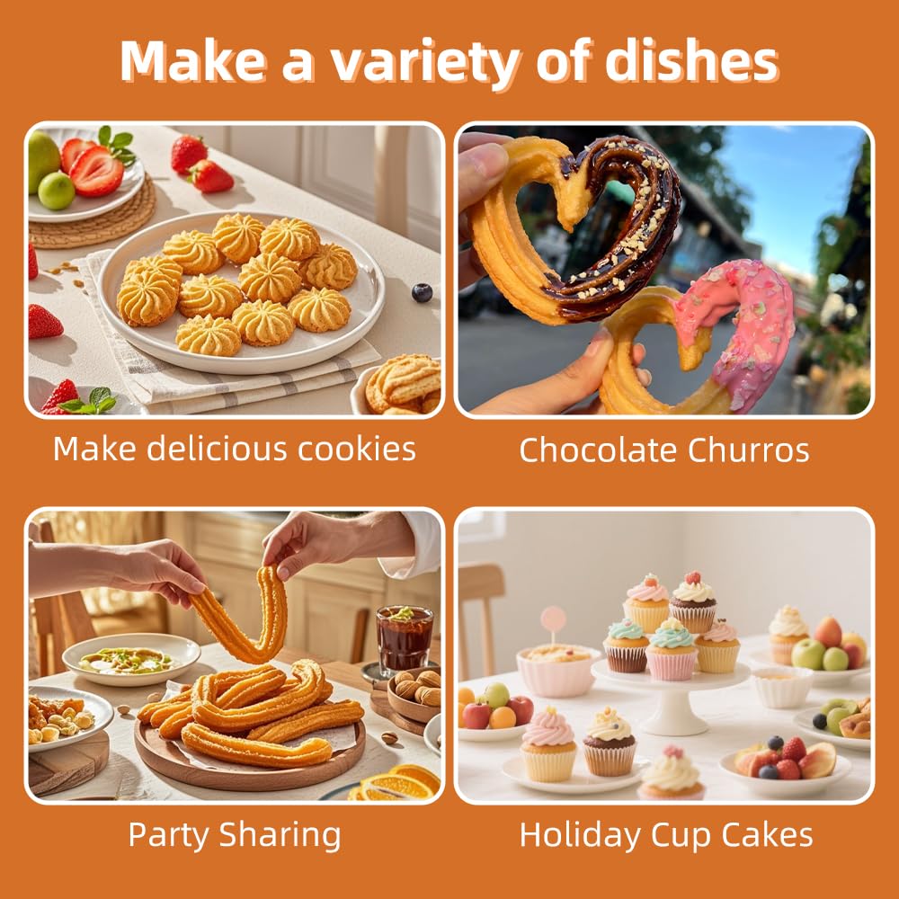 Juego de 3 puntas y bolsas de churro grandes, puntas de pastelería de 9 pies con 30 bolsas grandes de 18 pulgadas desechables para fabricantes de churros, puntas de tuberías de estrella francesa para 4