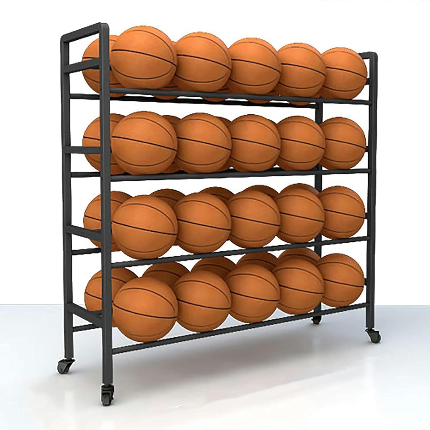 Black Heavy Duty Ball Storage Organizer Cart Floor-Standing, 3/4 Tier Basketball Rack Holder On Wheels, Double-Sided Balls Display Stand for Nursery School~/