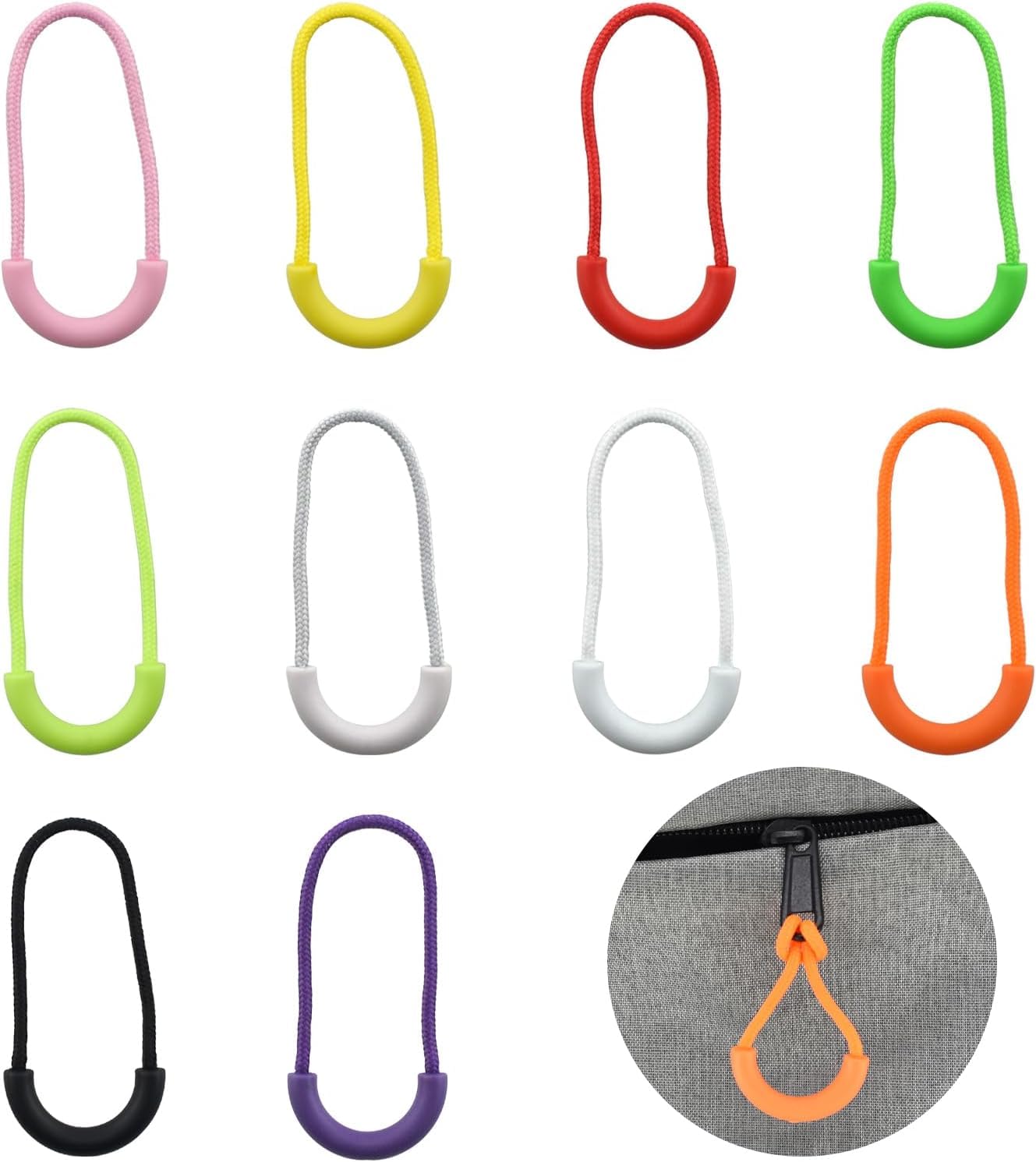 Tazweeq 100 PCS Nylon Cord Zipper Pulls, U-Shape Fixer Tabs with Silicone Heads, 10 Vibrant Colors for Clothes, Luggage, Backpacks, Jackets, Handbags, Tents, Durable & Eco-Friendly Replacement Parts
