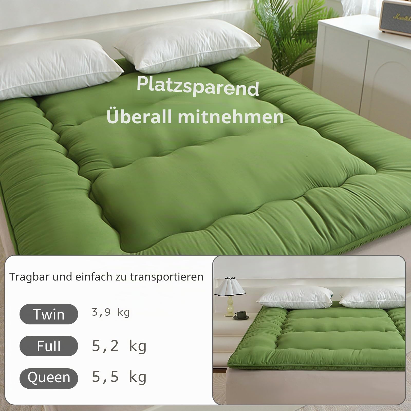 Japanische Bodenmatratze, Japanisches Bodenbett,Futon-Matratze, Tatami, faltbares Bett, aufrollbare Isomatte für Erwachsene, Gästezimmer, Schlafzimmer (Grün, 150x200 cm)