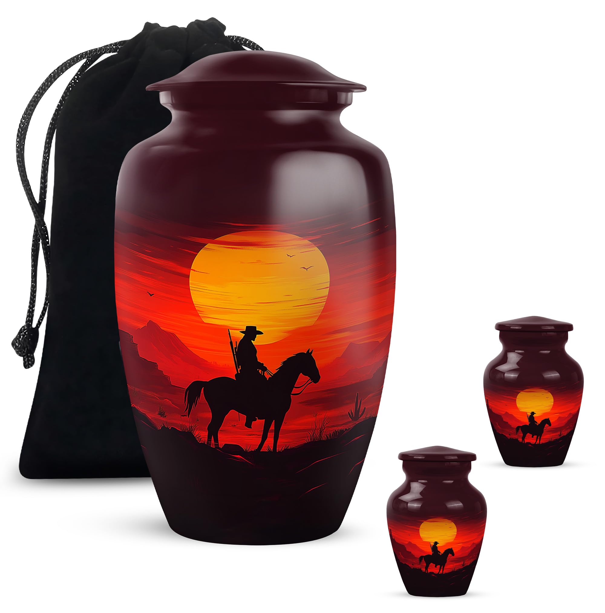 Cowboy Urn - Large &amp; Small Urn for Ashes Adult Male - Urn for Ashes for Women - Tiny Urns for Human Ashes - Funeral Urns for Adult Ashes Women (Combo - 10" &amp; 3", 3 Pcs)