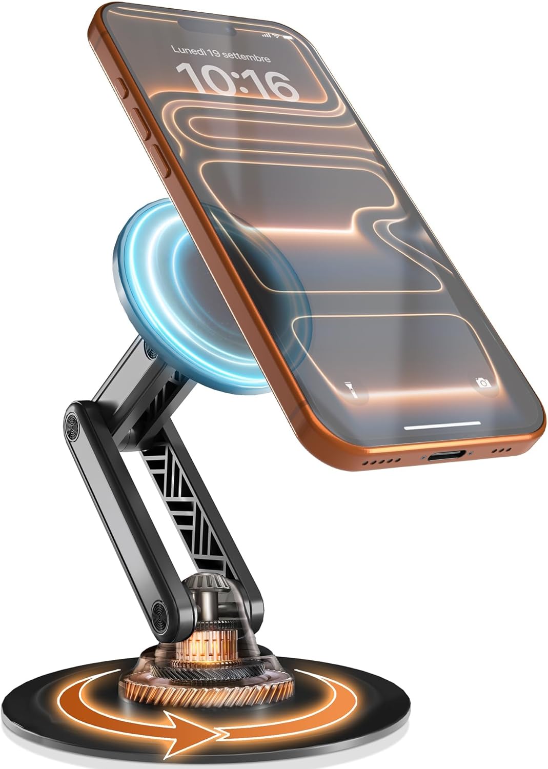 MagSafe phone stand holding an iPhone on a desk