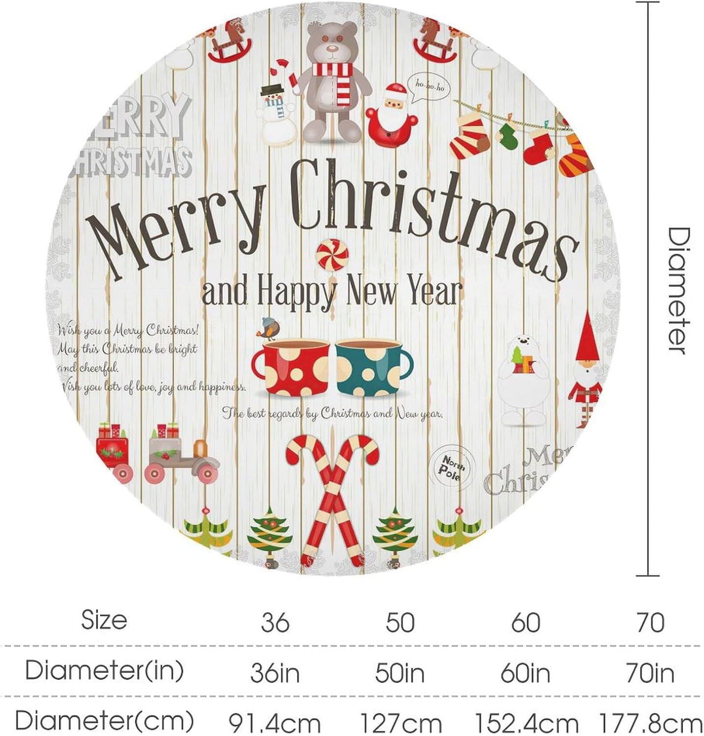 Merry Christmas 60 Inch Round Tablecloth, Vintage Wood Panel Christmas Tree Gift Decoration Pattern for Dining Room Living Room Holiday Party