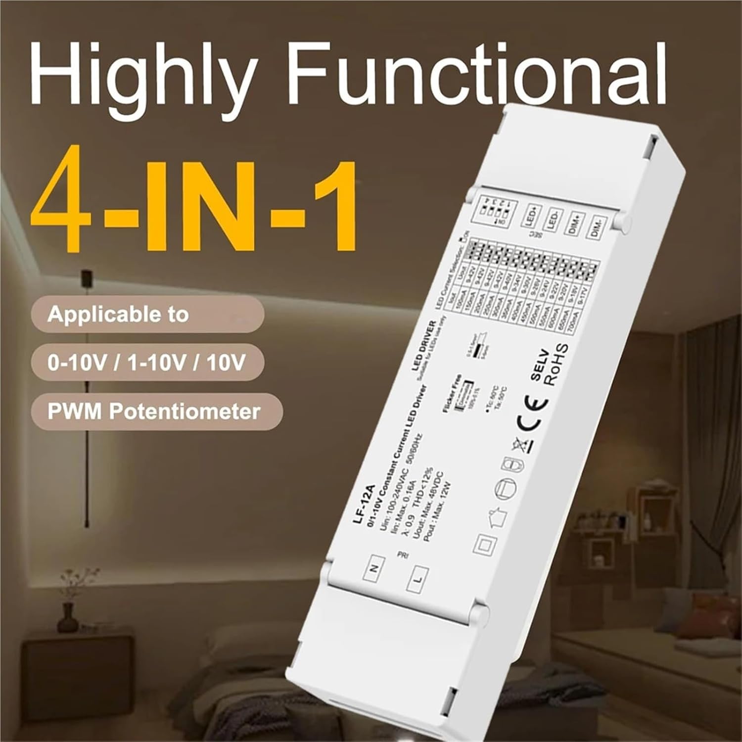 12W Constant Current LED Driver 100-700mA 0/1-10V Dimmable LED Driver Low Voltage Transformers PMW Dimming Flicker - Free 220V