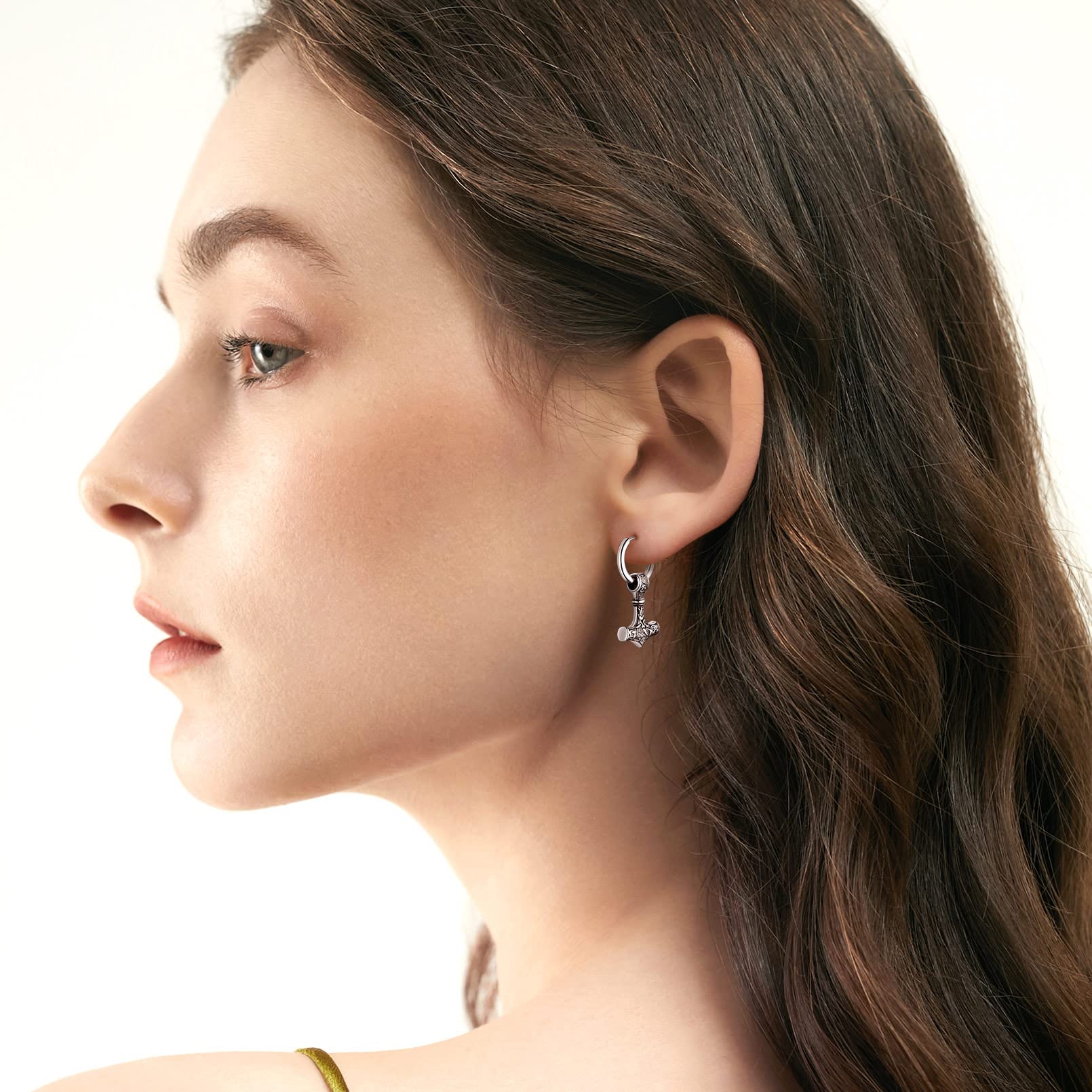 FaithHeart Boucle d'oreille Homme Femme,Creole Pendante Viking Marteau Mjöllnir Bijoux Boucles d’oreilles Gothique Hip Hop Punk Biker Femme Hommes Garçon (Boîte Cadeau)