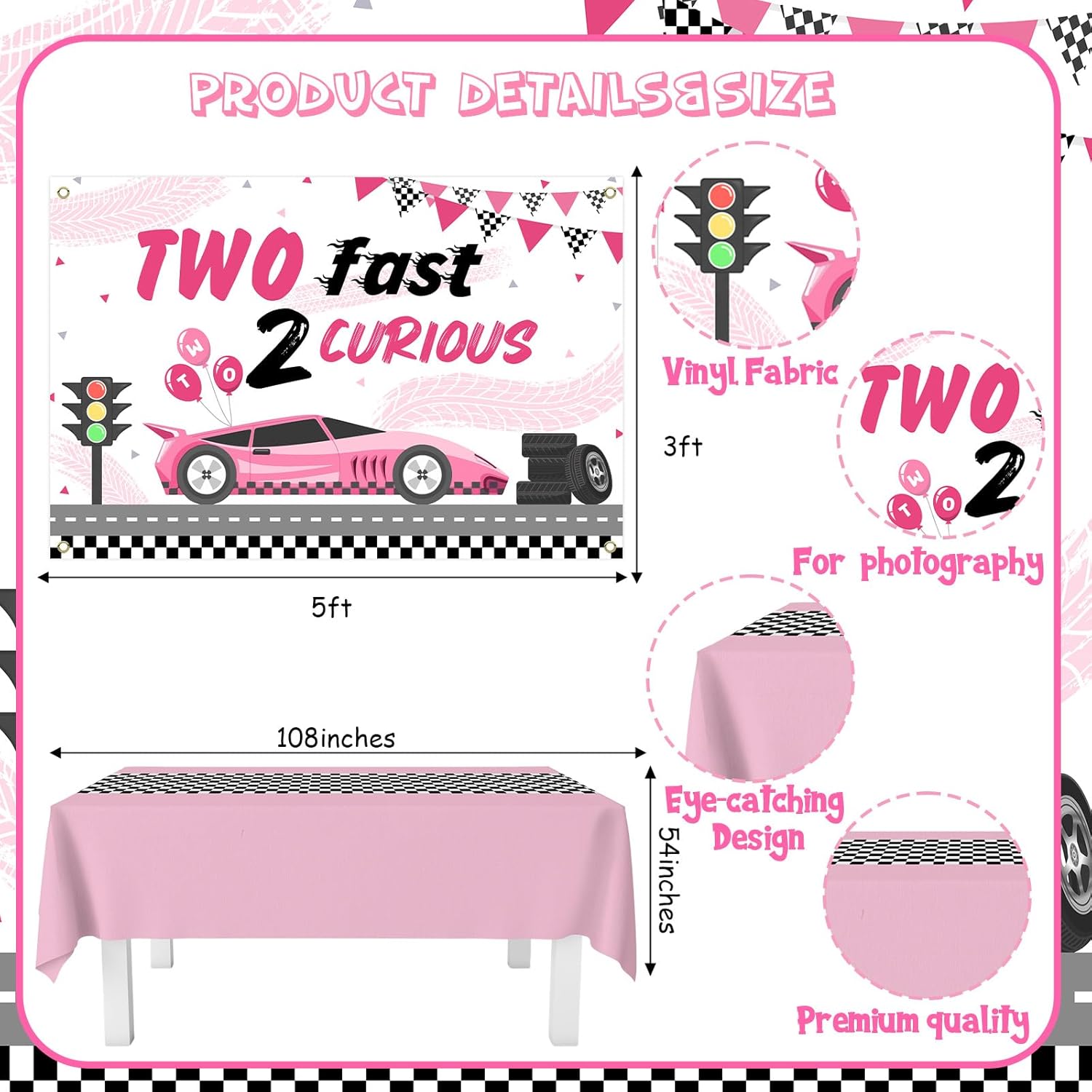 Two Fast 2 Curious Birthday Party Decoration for Girl Pink Two Fast Birthday Backdrop Cake Topper Honeycomb Centerpieces Tablecloth Racing Car Second Bday Party Supplies for 2 Year Old Bday