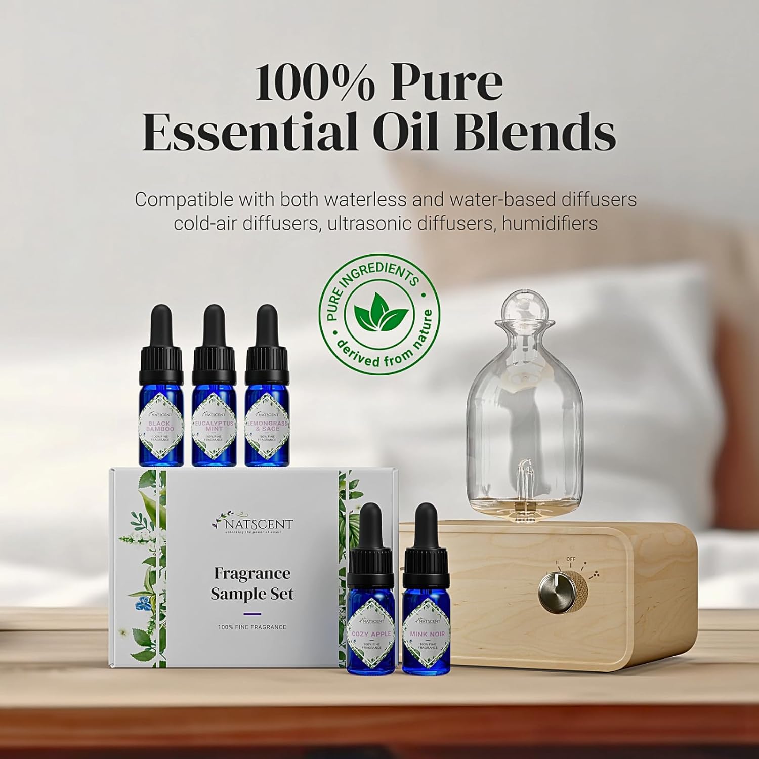 Essential Oil Set, Aromatic & Moody Essential Oils for Diffusers for Home, Hotel Collection Diffuser Oil Set: Black Bamboo, Eucalyptus Mint, Lemongrass & Sage, Cozy Apple, Mink Noir 5x 0.33oz