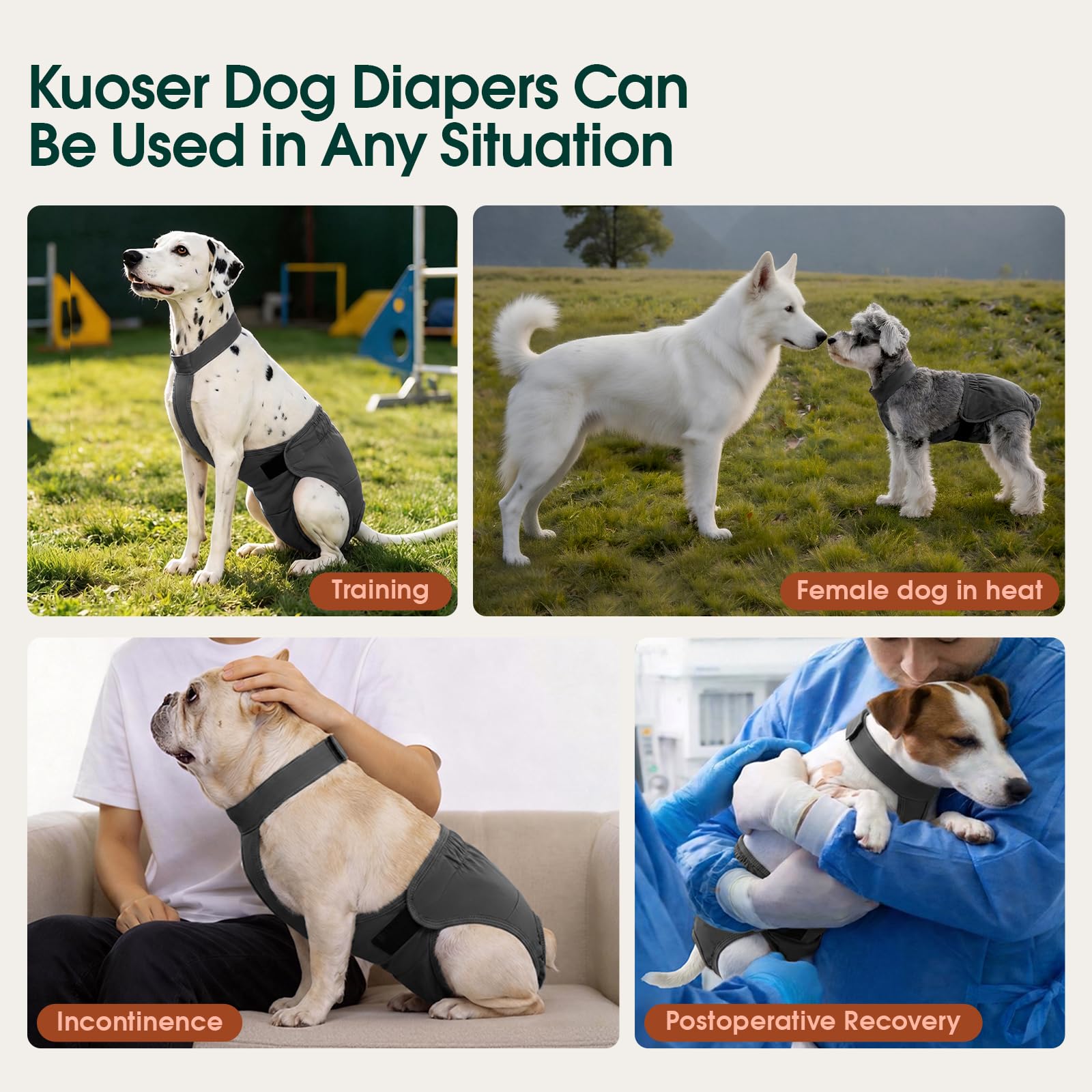 Kuoser Hundewindeln für Hündinnen, Waschbare Windeln für Hunde, Grau XL | Hundewindeln für Hündinnen & Rüden, wiederverwendbare & atmungsaktive Hundewindeln mit verstellbarem Klettverschluss