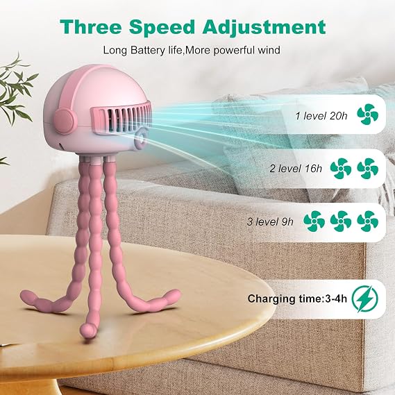 Portable Baby Stroller Fans, 4000mAh Battery, 3-Speed Cooling Fan with Safety Net, Low Noise, Compact & Multifunctional for Stroller/Crib/Car/Desktop/Camping - Baby Stroller Cooling Fans (Pink)