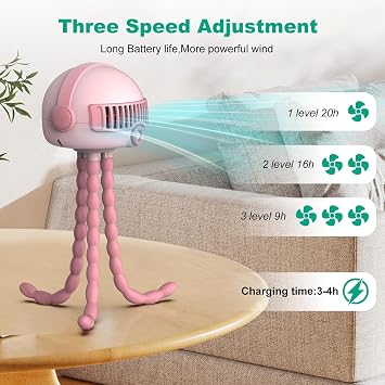 Portable Baby Stroller Fans, 4000mAh Battery, 3-Speed Cooling Fan with Safety Net, Low Noise, Compact & Multifunctional for Stroller/Crib/Car/Desktop/Camping - Baby Stroller Cooling Fans (Pink)