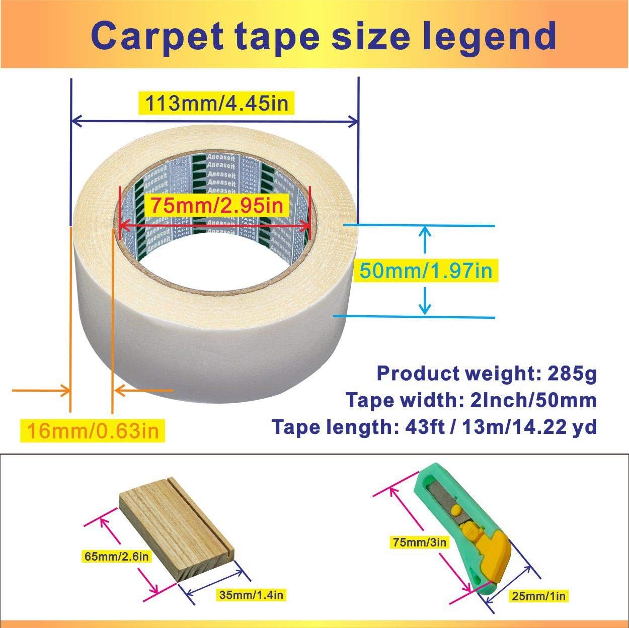 Double Sided Carpet Tape for Area Rugs, Comes with Cutting Tools, Extra Strong Non-Skid Sticky Tape for Mats, Rugs, Carpets and Runners, Removable Rug Tape Gauze Base, 2-Inch x 14 Yards, White.