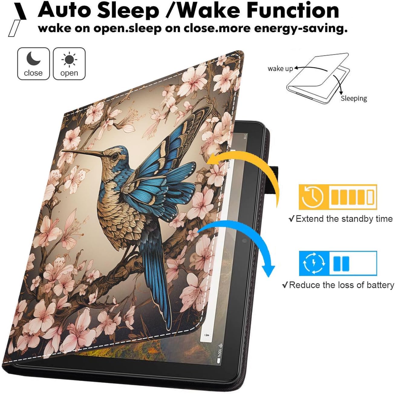 Case for All-New Amazon Kindle Fire HD 10 & 10 Plus Tablet (13th/11th Generation, 2023/2021 Release) 10.1" - Premium PU Leather Stand Cover with Smart Auto Wake - Hummingbird