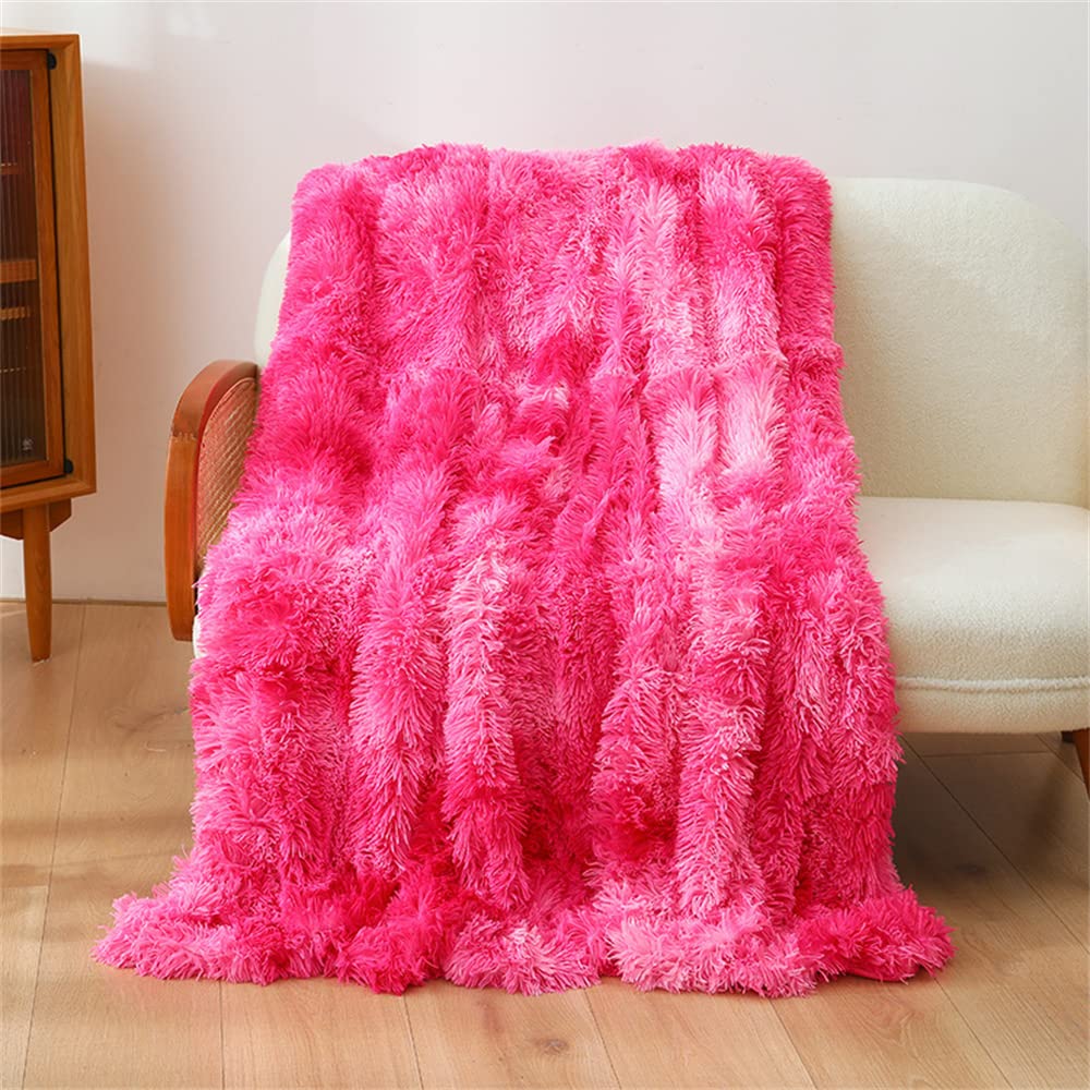 ENEN Manta Sofa/Cama Pelo Largo - Extra Suave Tie-Dye Manta Pequeña de Peluche, Manta Cubre Sofa Invierno Reversible con Piel Sintética Suave y Polar con Microfibra (80x120cm,Rosa roja)