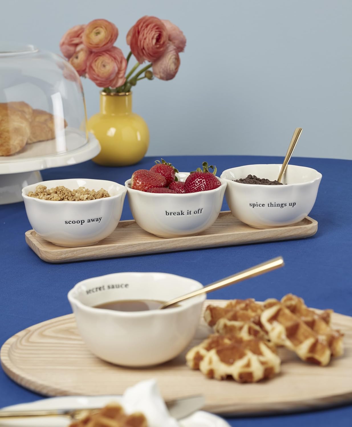 kate spade new york Serveware, What A Treat Dip Bowls With Tray Set Of 3, Porcelain And Wood Material, Dishwasher Safe Bowl, Serving Bowls, Snacks Bowl (White And Brown, 4 Piece, 12 Ounce Capacity)