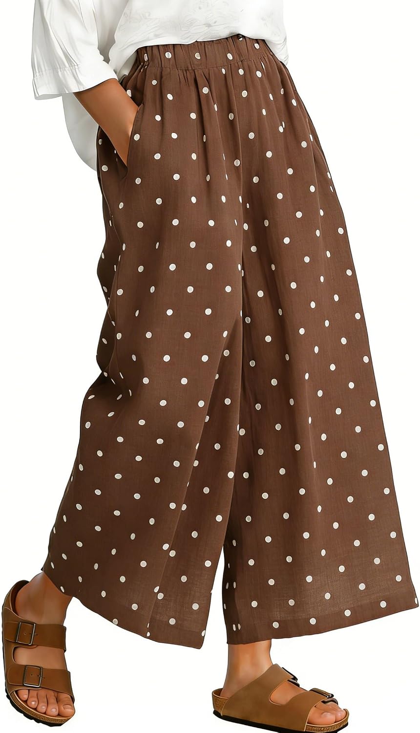 CHARTOU Wide Leg Pants Women Polka Dot Palazzo Pants Elastic Waist Casual Cropped Trousers with Pockets