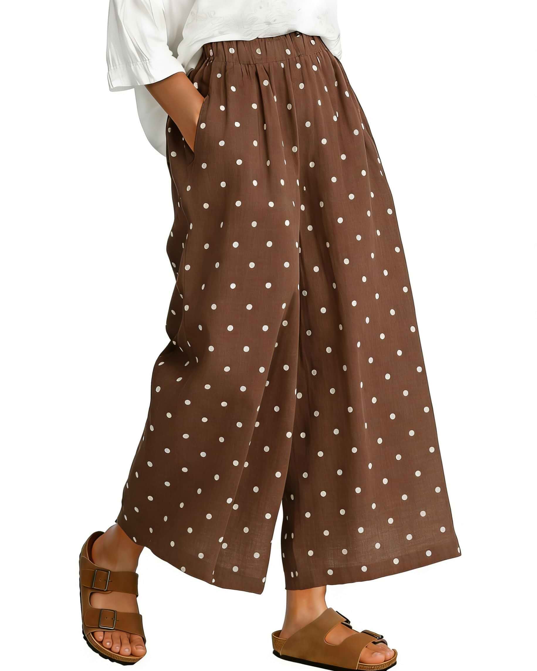 CHARTOU Wide Leg Pants Women Polka Dot Palazzo Pants Elastic Waist Casual Cropped Trousers with Pockets