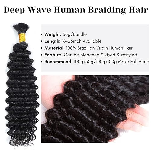 Miniatura 2 de Cabello humano trenzado para trenzas bohemias de 22 pulgadas, 1 paquete de 1.76 oz de ondulado profundo, cabello humano a granel para trenzar sin