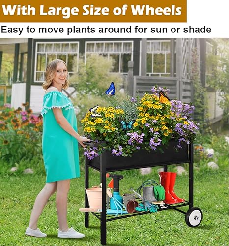 Miniatura 2 de Koutemie Maceta elevada para exteriores con patas para jardinería, carrito elevado de cama de jardín con ruedas para verduras, flores, tomate,