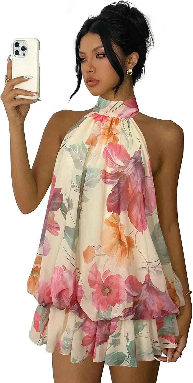 Party Dress for Women Premium Feel Ruffled Bubble Dress Self-Tie Strap Sexy Sleeveless Backless Fitted Mini Dress