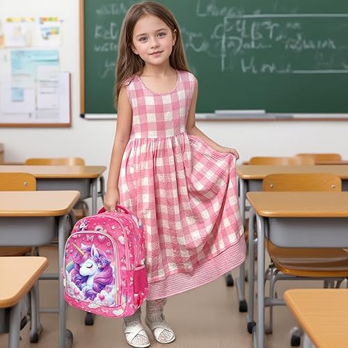Miniatura 7 de Mochila escolar de unicornio rosa para niñas, mochila escolar para primaria, jardín de infantes, preescolar, mochila de viaje con correa para el