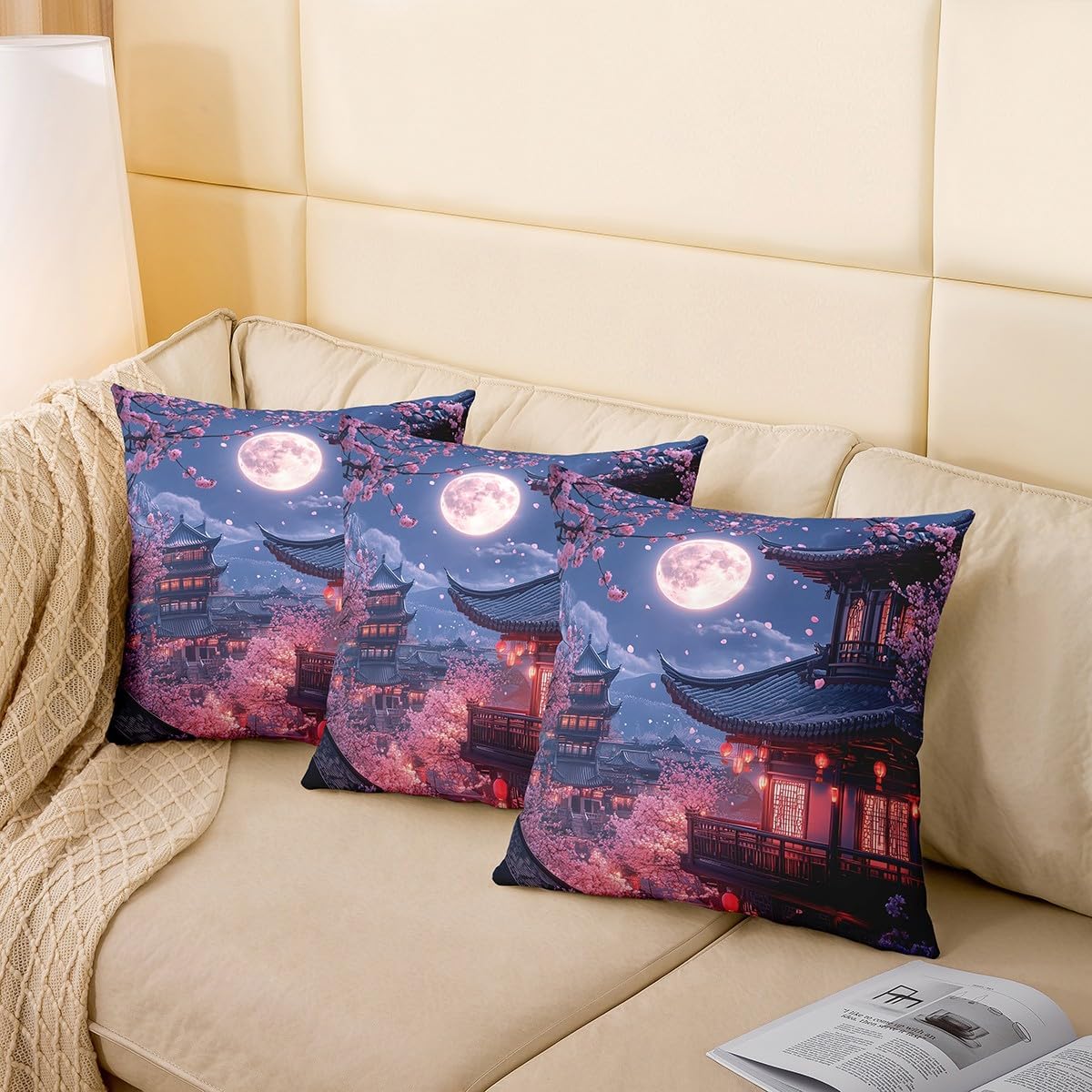 Castle Fairy Pink Cherry Blossoms Throw Pillow Covers 24"x24" Japanese Style Building Pillowcases Dreamy Moon Night Reversible Print Cushion Cover Exotic Aesthetic Pillow Covers for Sofa,Set of 2