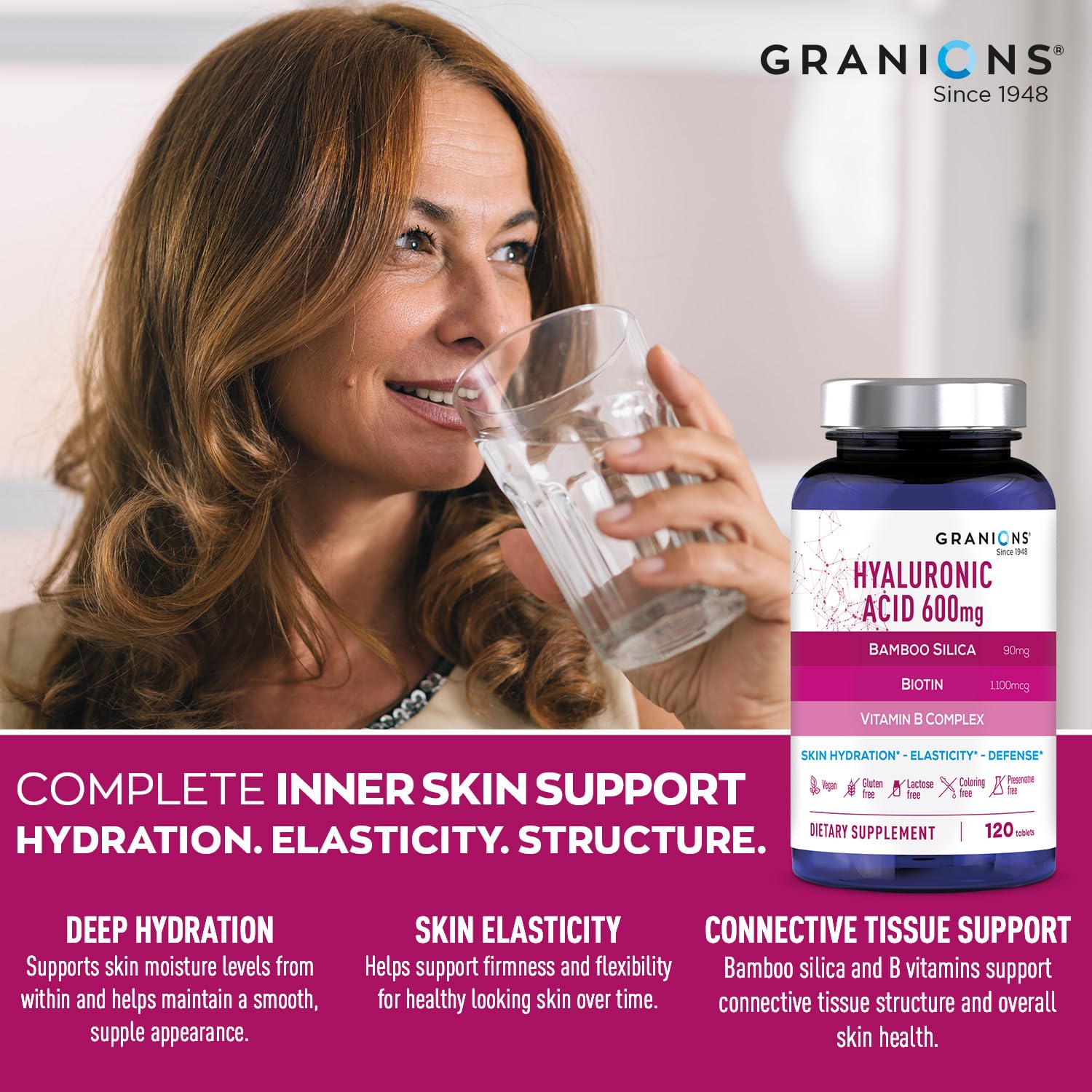 Granions Ultra Dosed Hyaluronic Acid Supplement 600mg - Intense Skin Hydration, Stimulates Collagen Production - Niacin, Biotin, Vitamin B Complex, Oral Hyaluronic Acid Supplements - 120 Vegan Tablets — Amazon image 4