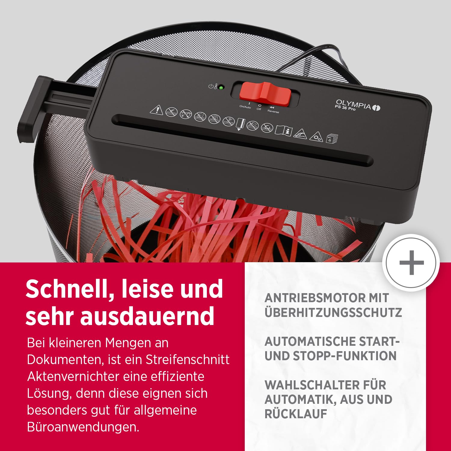OLYMPIA PS 36 Pro Aktenvernichter | Papierschredder mit Streifenschnitt 6 mm | Schredder Aktenvernichter für Zuhause | Shredder Papier 6-Blatt | Paper Shredder | Mit universalem Aufsatz