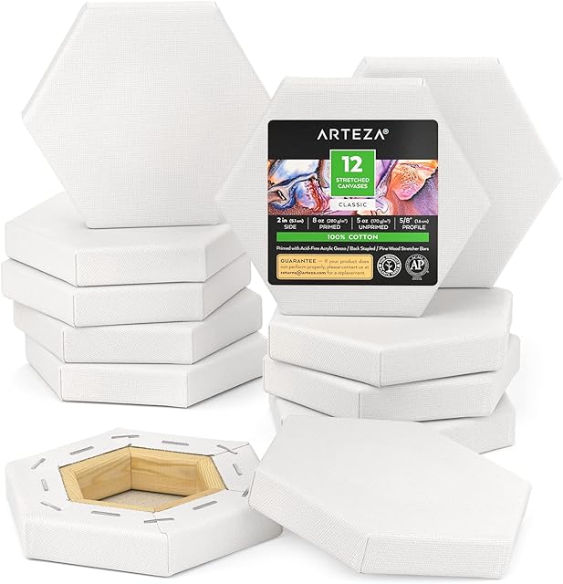 Arteza Stretched Canvas for Painting, 12 Pack, 5.1 cm, Wood Frame, 100% Cotton 8-oz Primed Hexagonal Blank Canvases for Acrylic Painting and Pouring