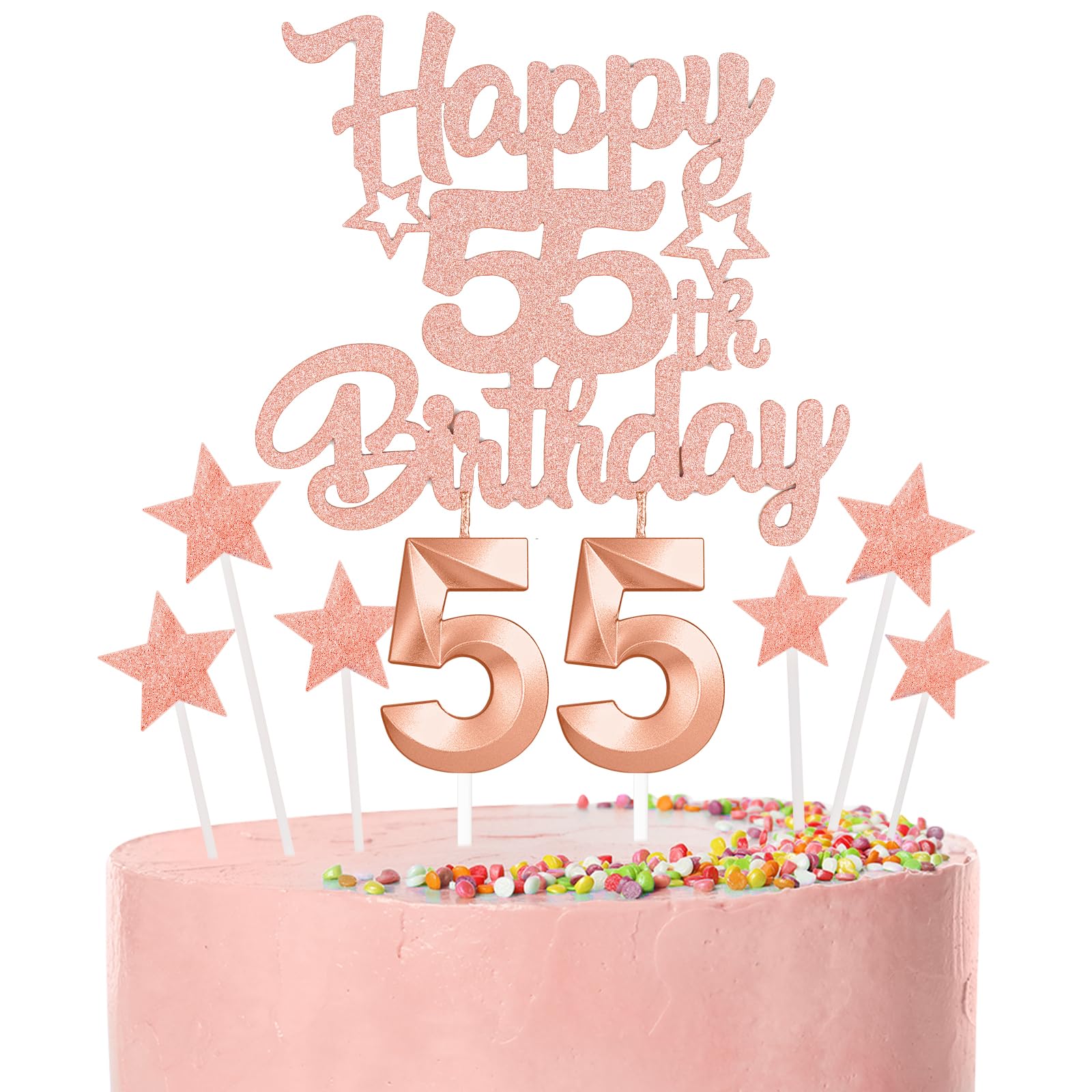 Rose Gold Happy 55th Birthday Candles Cake Topper Set,Rose Gold Number 55 Birthday Candles with Rose Gold 55th Birthday Cake Toppers Star Cupcake Toppers for Men Women Birthday Anniversary Decor