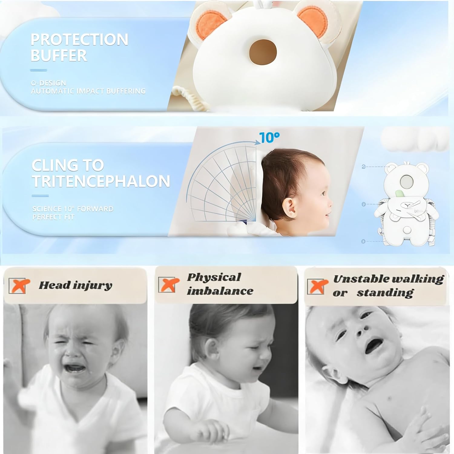 Baby Head Protector Backpack, Toddler Baby Head Protection Backpack with Baby Knee Pads Alarm Function for Walking & Crawling, Soft, Breathable and Wearing Safety Baby Head Protector (Orange Bear) image 3