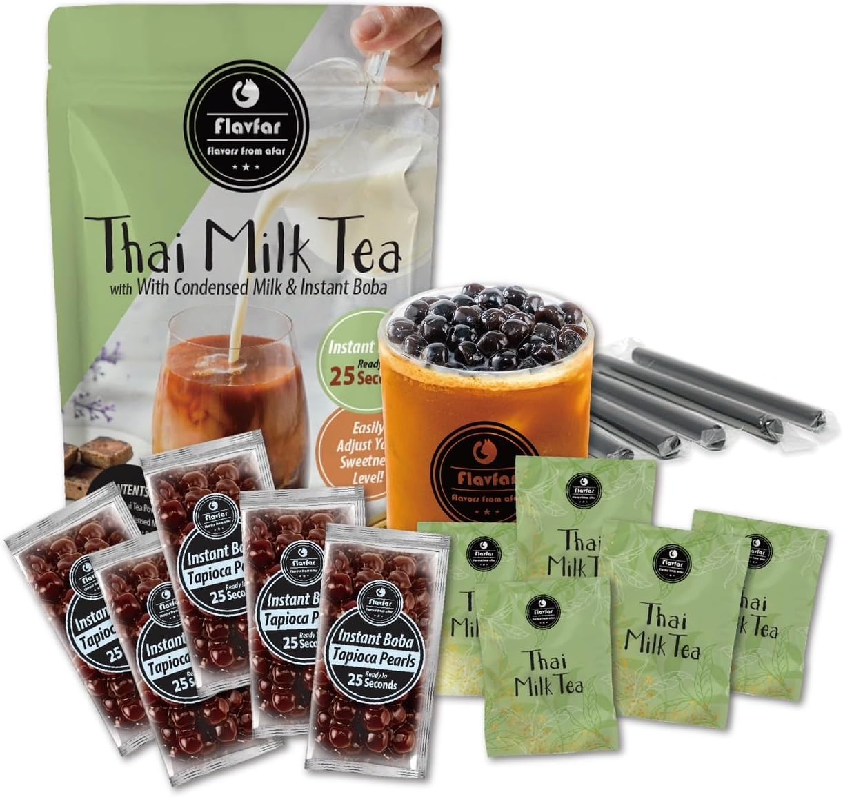 Flavfar Premium Thai Milk Tea Kit with Instant Brown Sugar Boba - Authentic Bubble Tea Made in Taiwan - 5 Servings