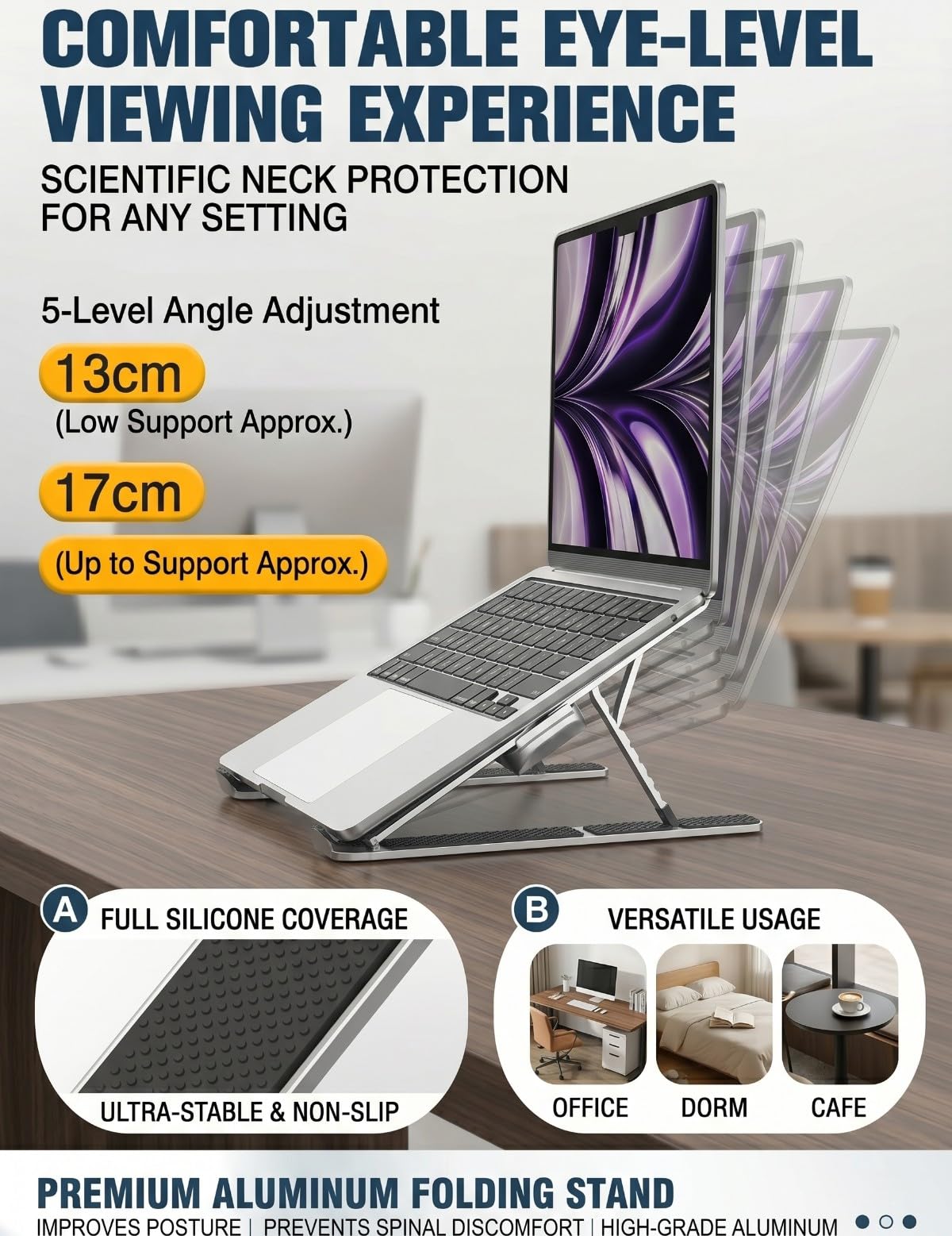 Base di Raffreddamento per Laptop, Supporto/Rialzo PC Portatile Pieghevole con 4 Ventole Silenziose, Altezza Regolabile a 6 Livelli, per Notebook 10-17 Pollici