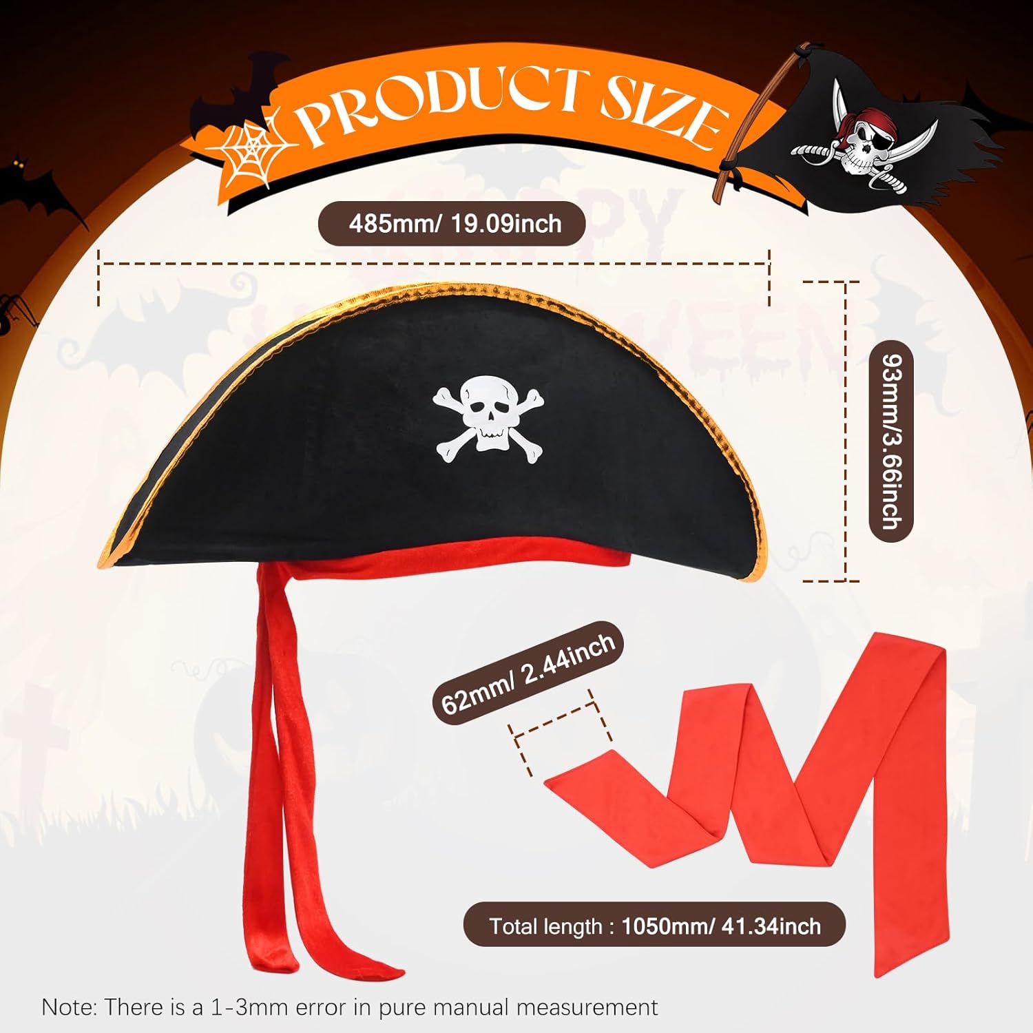 6 Pcs Pirate Costume Accessory Set, Black Captain Hat with Skull Emblem, Red Headband, Eyepatch & Hook Props for Halloween Theme Party - Image 2