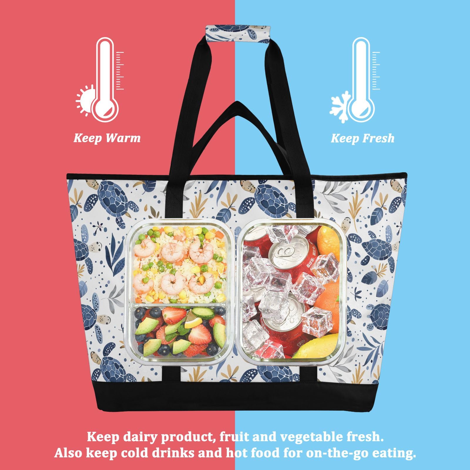 Borsa termica termica a forma di tartaruga marina, riutilizzabile, con cerniera, grande, per viaggi o campeggio