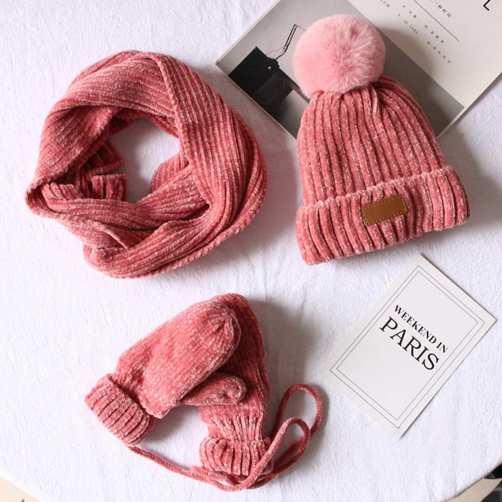 Scarf,3 In 1 Toddler Kids Winter Ribbed Knit Warm Hat Scarf Gloves Set Solid Color Beanie Cap Shawl Mittens Scarf