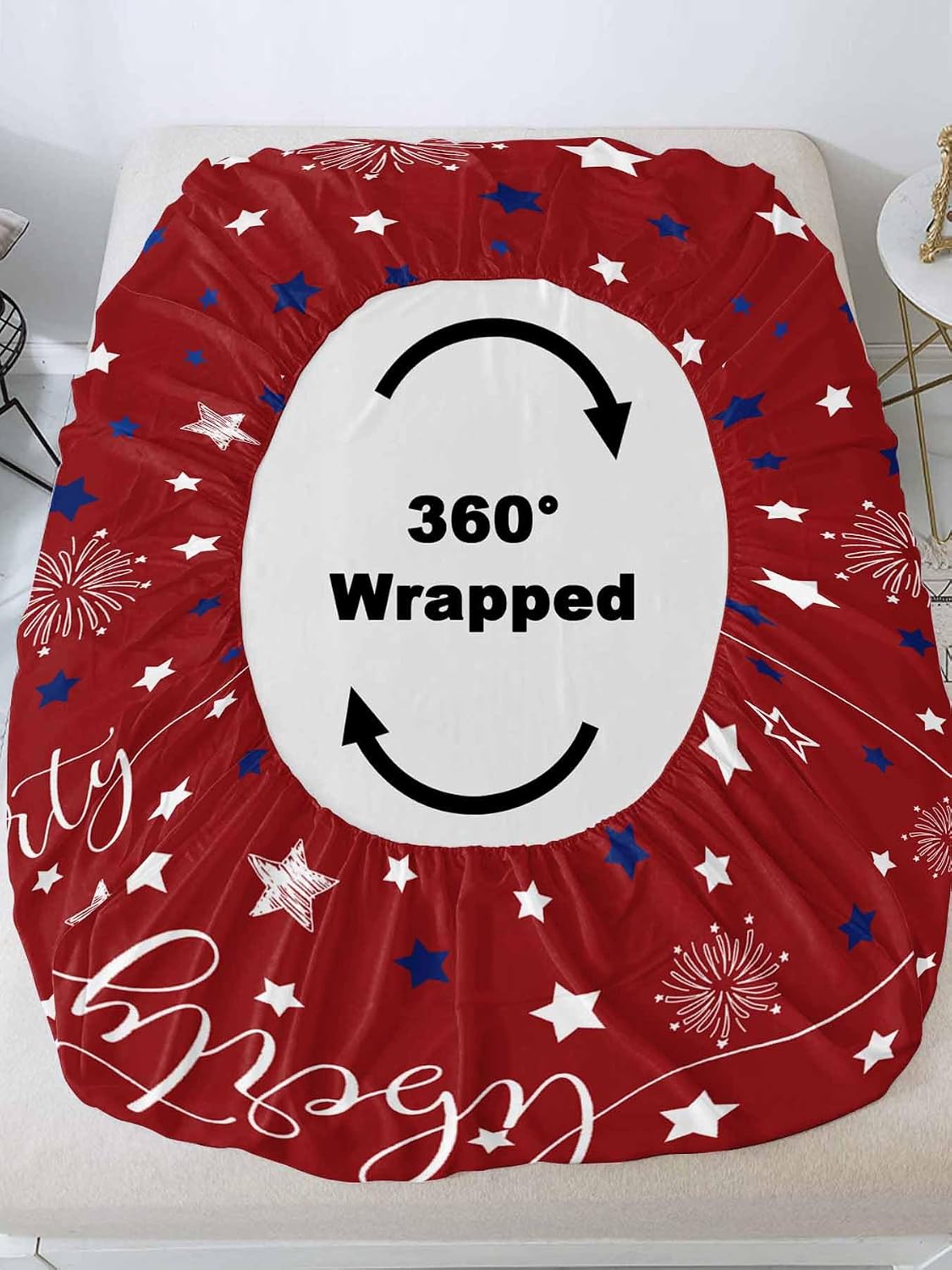 Savannan 3 Pieces King Fitted Sheet Set, 4th of July White Blue Star on Red Deep Pocket Up to 16", Patriotic Liberty Concept Soft Elastic Bed Sheets and Pillow Cases Secure Fit