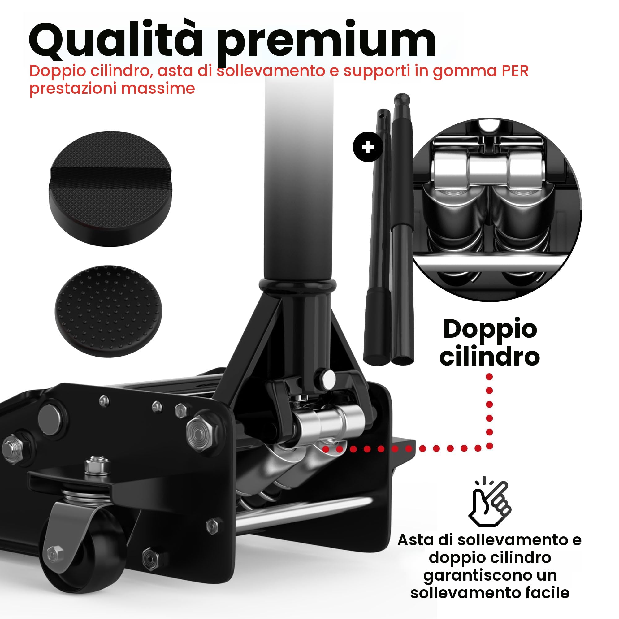 Cric Idraulico 3T 75 505 mm Professionale Auto SUV Sollevatore Pesante Ruote 360° Nero