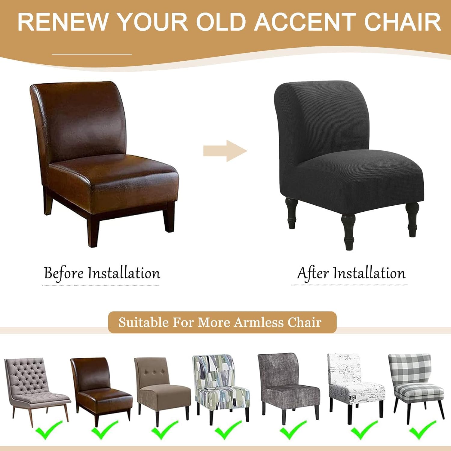 Waterproof Armless Chair Slipcover, Stretch Armless Accent Chair Cover Removable Slipper Chair Cover Washable for Dining Room-Dark Grey-1 Piece