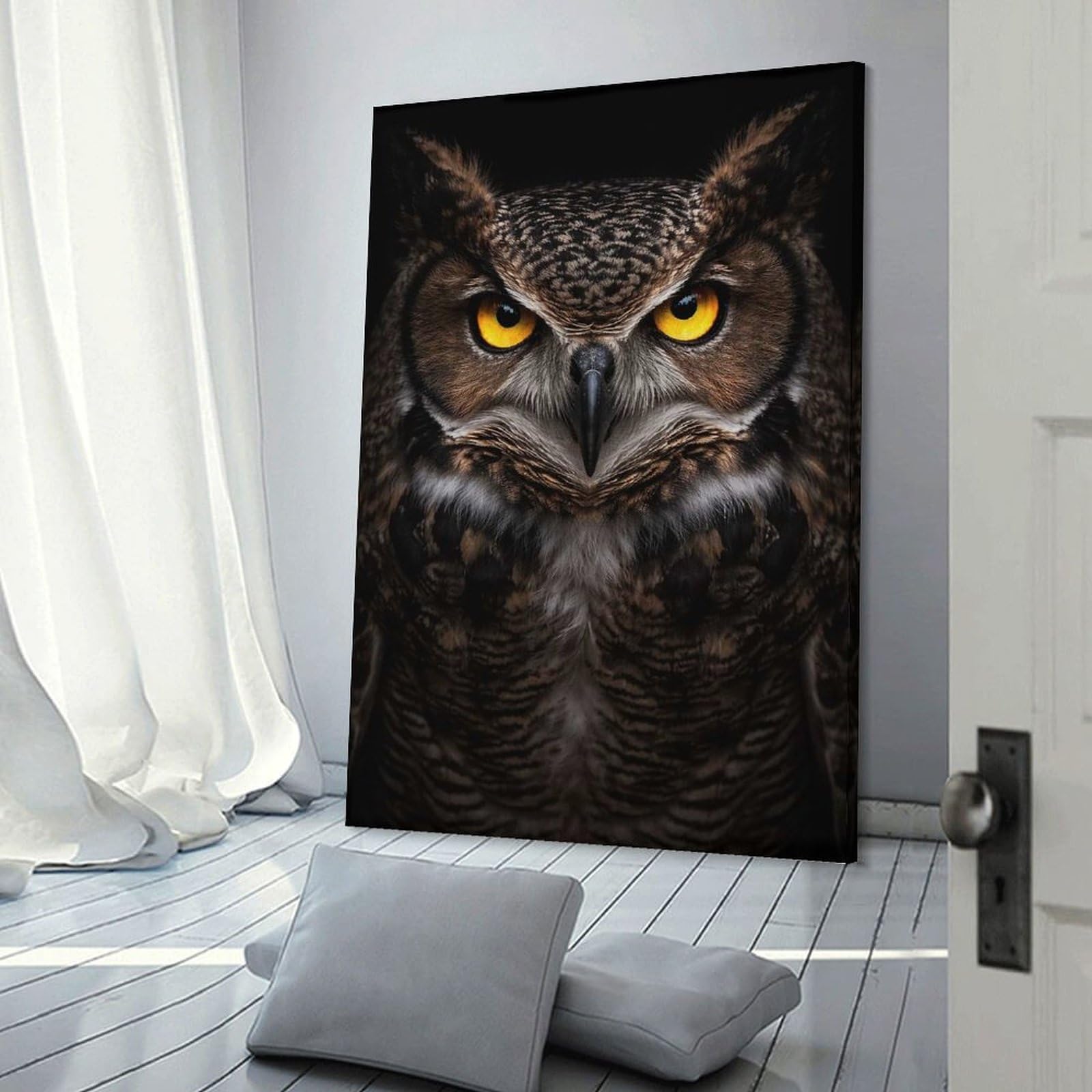 Junmoney Intense Great Horned Owl Portrait Canvas Art Print, 24x36inch(60x90cm), for Living Room, Bedroom Or Home Office, A Wall Art Gift for Fresh Interiors