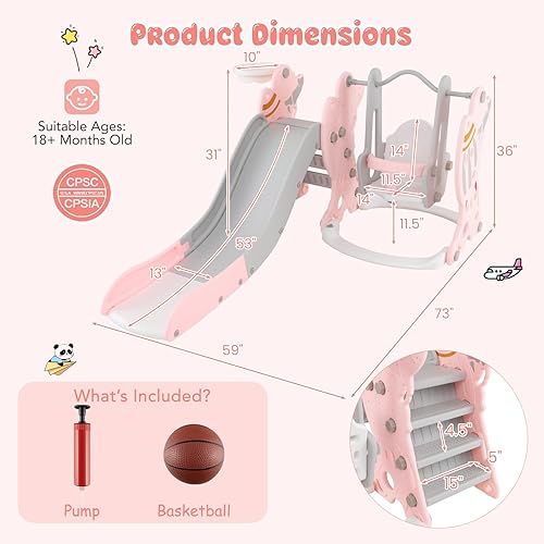 Miniatura 6 de Costzon Juego de tobogán y columpio 4 en 1 para niños pequeños, cohete para interiores y exteriores, columpio rosa para bebé con tobogán, columpio,