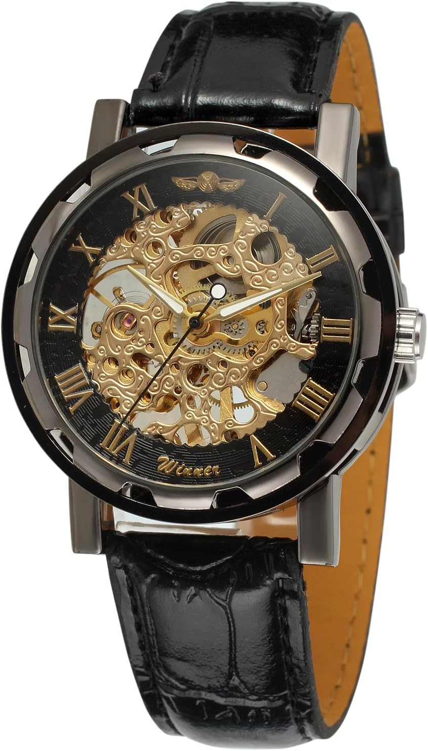 Men's Black Skeleton Dial Hand-Wind Up PU Leather Mechanical Wrist Watch