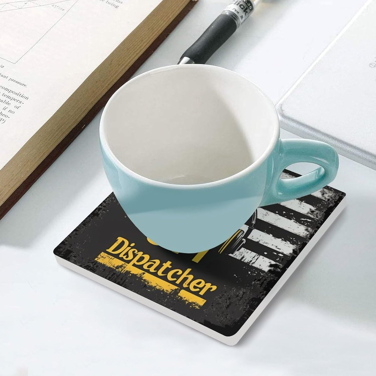 911 Dispatcher U.S. Flag Funny Ceramic Coasters for Drink Absorbent Cup Holders Tabletop Protection