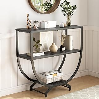 GILLAS 3-Tier Industrial Console Table, 30" Rustic Black Entryway Sofa Table with Storage Shelf for Hallway Living Room