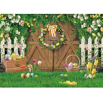 Allenjoy 7x5ft Spring Easter Backdrop Pictures Wood Door Green Grass Flowers Fence Eggs Kid Children Photography Backdround for Studio Props