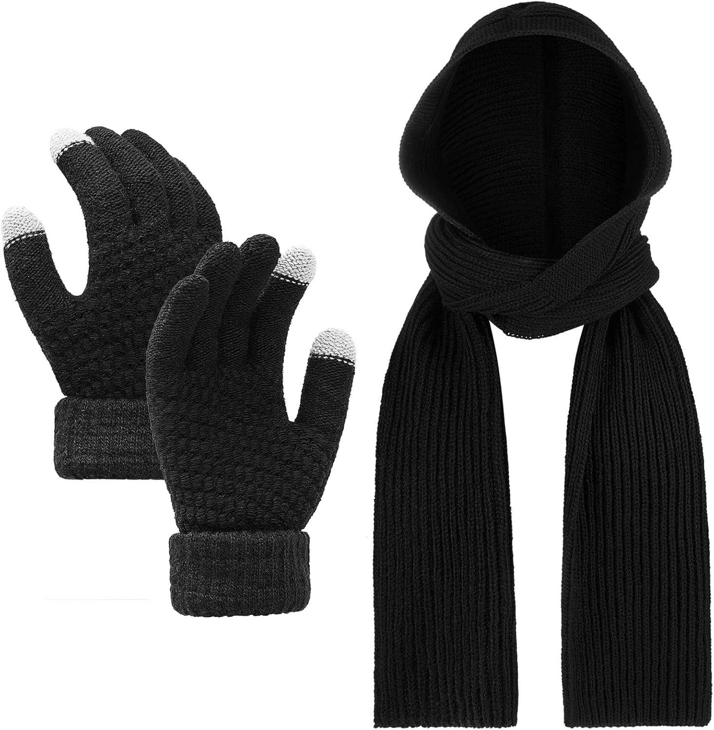 Chuarry 2 Pcs Winter Knitted Hooded Scarf and Gloves Set for Women, 3 in 1 Hat Scarf Wrap Shawl and Warm Touch Screen Texting Gloves for Men Women Winter Balaclava, Black
