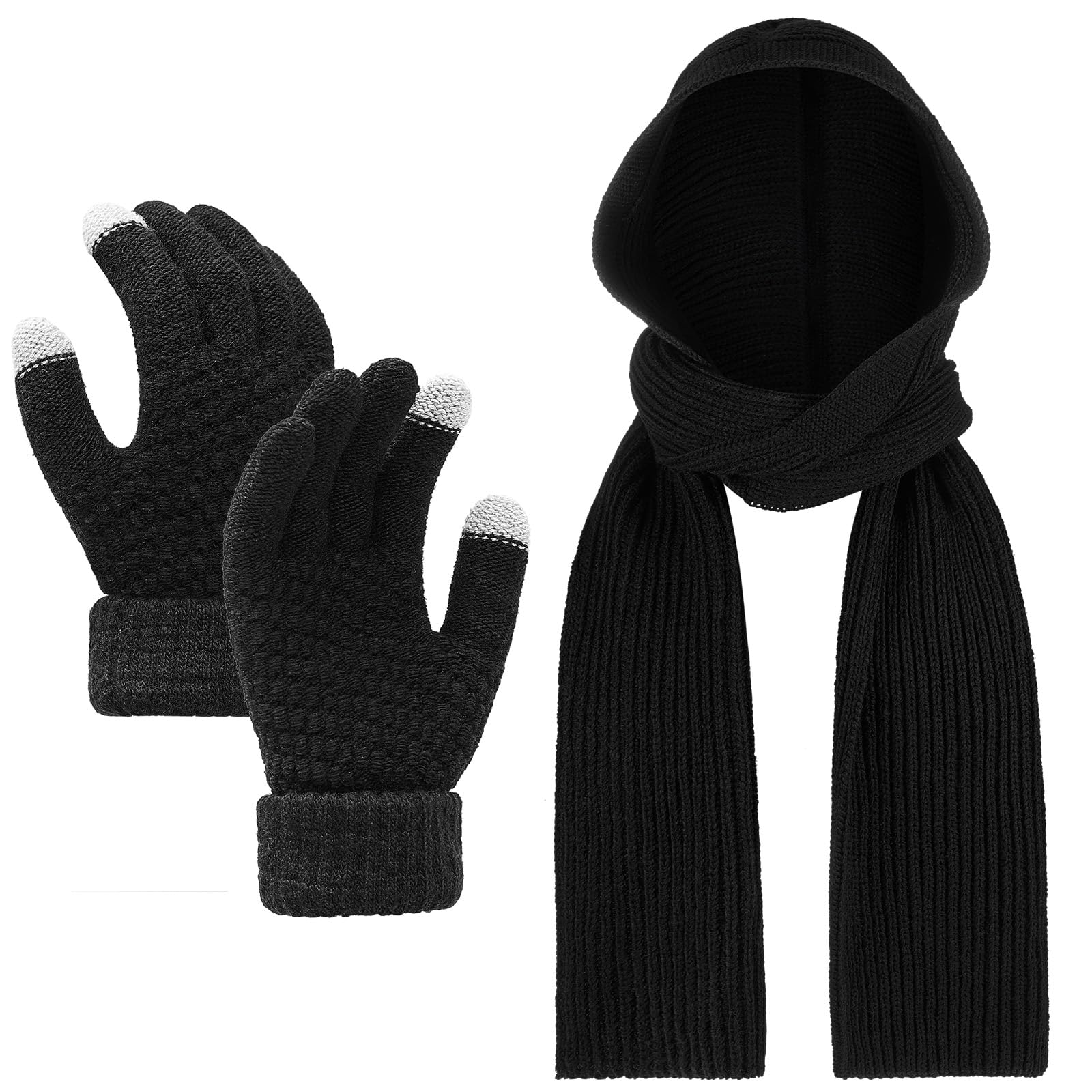 Winter Knitted Scarf with Hood, Long Scarf and Touch Screen Glove Set, 3 in 1 Hat, Scarf, Wrap Scarf and Warm Plush Lined Cuff, Winter Text Gloves for Women and-image-30