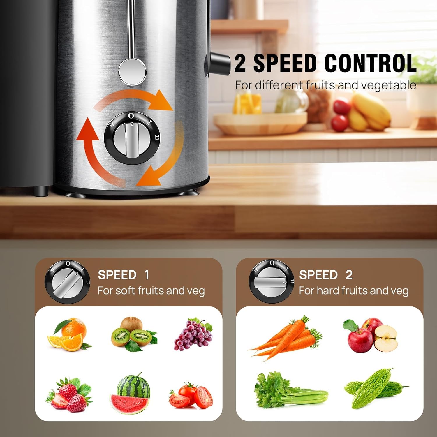 Licuadora centrífuga de 800 W, de acero inoxidable, con capacidad de 450 ml, control de 2 velocidades, sistema antigoteo y tolva de alimentación de 65 mm para frutas y verduras.